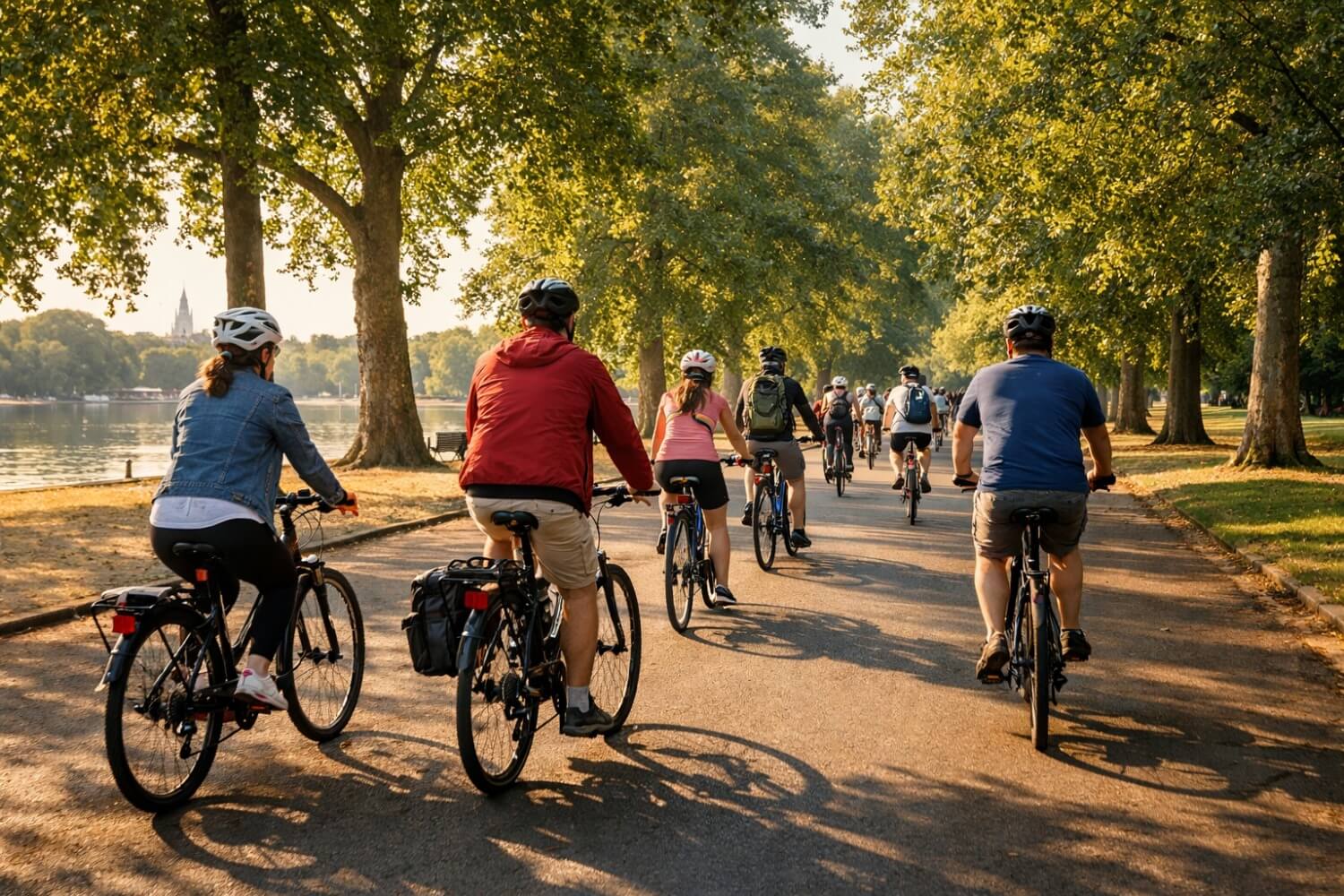 London bike tour guide leading a group of cyclists along a tree-lined path beside the Serpentine in Hyde Park on a sunny morning.