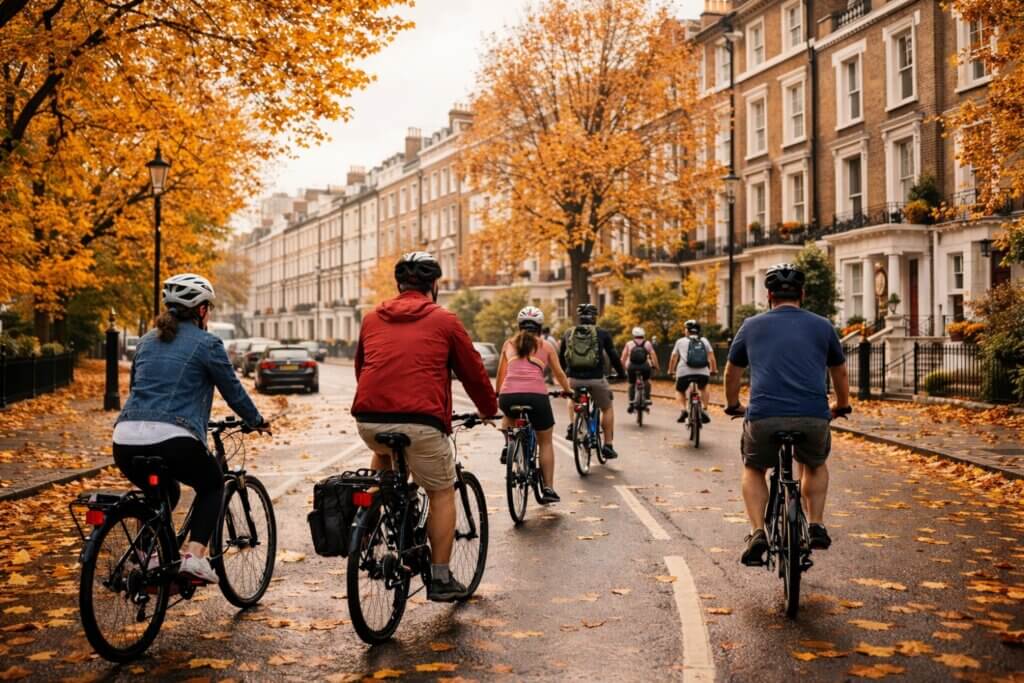 London bike tour guide leading cyclists through a quiet London street lined with autumn trees and Victorian townhouses.